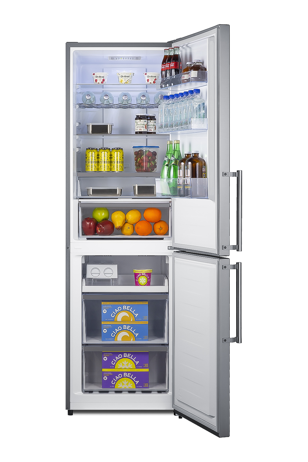 ENERGY STAR certified bottom freezer refrigerator in a stainless steel look with digital controls and a counter depth fit